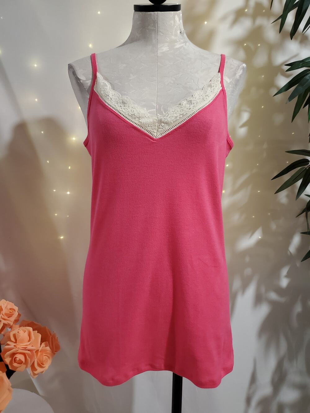 Vtg Old Navy Y2K Lace Trim Micro Ribbed Cami Tank Top Size XL Preppy Pink Layer
